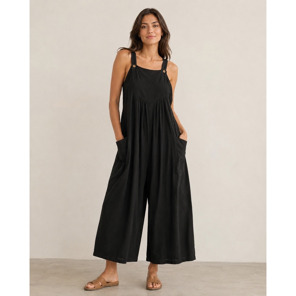 Natural Life Jumpsuit Black Cotton Wide Leg Overall  Medium Bib Pocket Boho